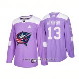 Camiseta Hockey Columbus Blue Jackets 13 Cam Atkinson Autentico Hockey Fights Cancer 2018 Violeta