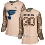 Camiseta Hockey Mujer St. Louis Blues 30 Martin Brodeur Autentico 2017 Veterans Day Stitched Camuflaje