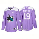 Camiseta Hockey San Jose Sharks 19 Joe Thornton Autentico Hockey Fights Cancer 2018 Violeta