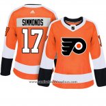 Camiseta Hockey Mujer Philadelphia Flyers 17 Wayne Simmonds Adizero Jugador Primera Naranja