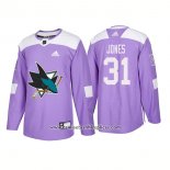 Camiseta Hockey San Jose Sharks 31 Martin Jones Autentico Hockey Fights Cancer 2018 Violeta