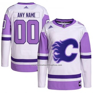 Camiseta Hockey Calgary Flames Personalizada Fights Cancer Autentico Blanco Violeta