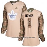 Camiseta Hockey Mujer Toronto Maple Leafs 1 Johnny Bower Autentico 2017 Veterans Day Stitched Camuflaje