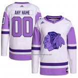 Camiseta Hockey Chicago Blackhawks Personalizada Fights Cancer Autentico Blanco Violeta