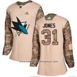 Camiseta Hockey Mujer San Jose Sharks 31 Martin Jones Camuflaje Autentico 2017 Veterans Day Stitched