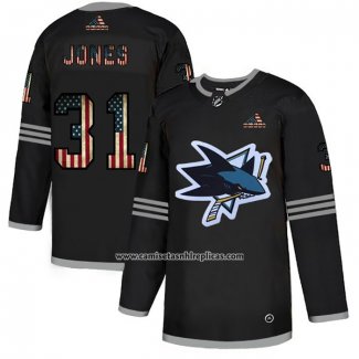 Camiseta Hockey San Jose Sharks Martin Jones 2020 USA Flag Negro