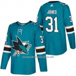 Camiseta Hockey San Jose Sharks 31 Martin Jones Teal Autentico Primera 2018 Blanco